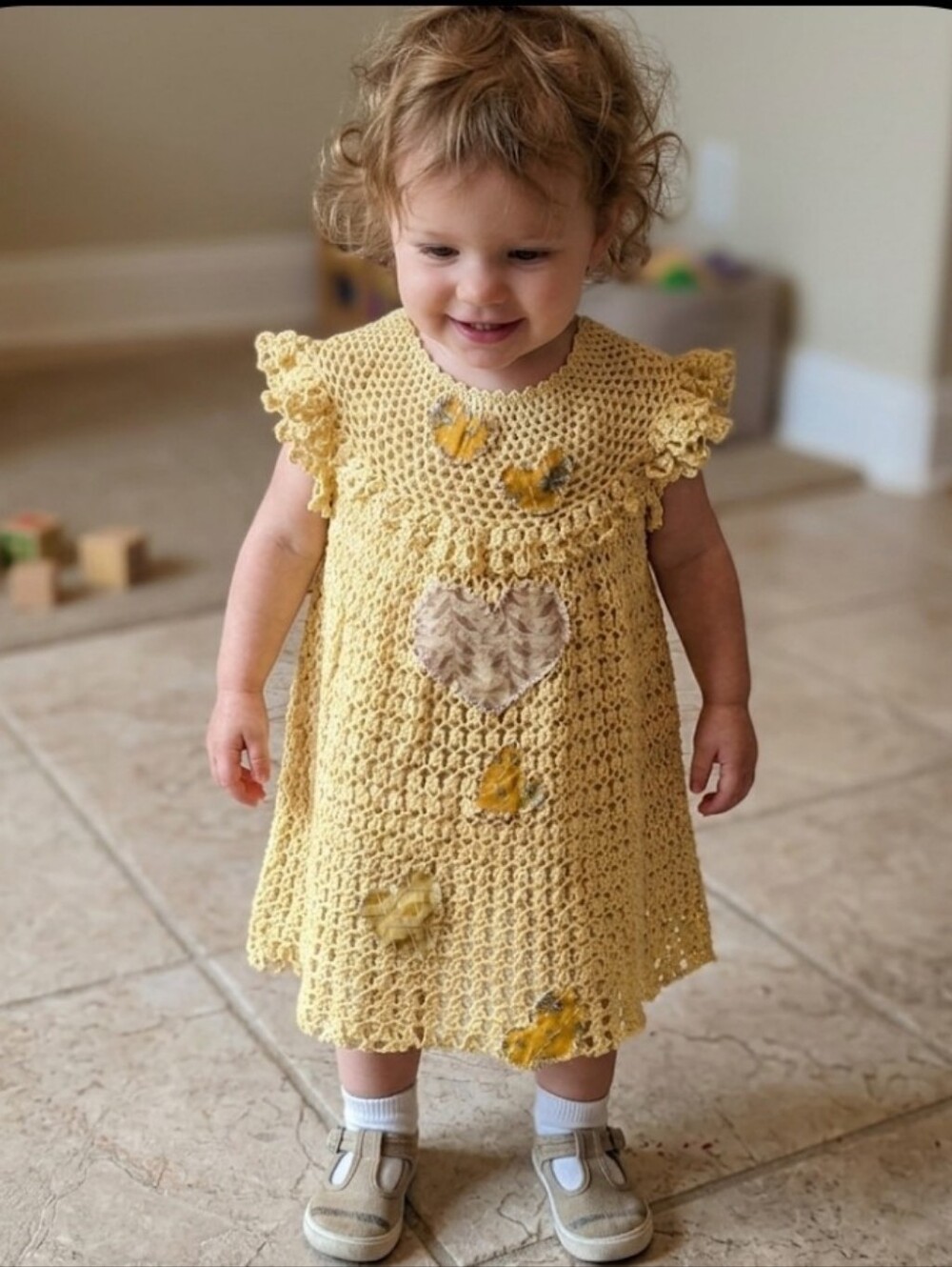 Vtg Hand Crocheted Baby Dress Toddler 1-2 Golden-cream Heart Appliques